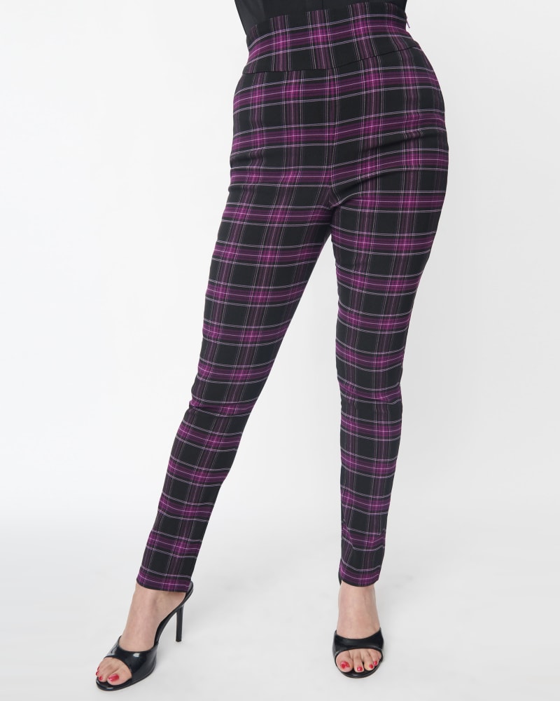 Front of a model wearing a size XL Unique Vintage Purple & Black Plaid Rizzo Cigarette Pants in Purple by Unique Vintage. | dia_product_style_image_id:302408